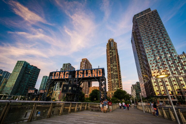 Pier and Long Island City at sunset, seen from Gantry Plaza State Park, Queens, New York