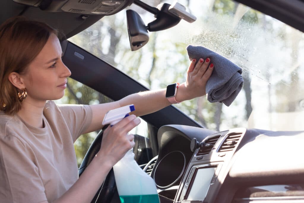 women cleaning a with spray