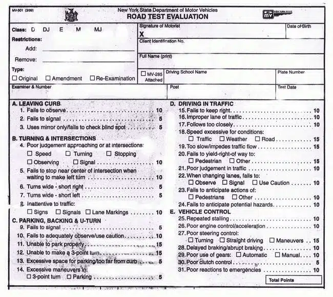 NYS DMV Road Test Evaluation